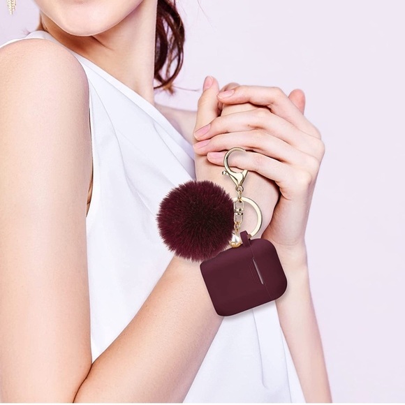 Burgundy Pompom AirPods Holder and Keychain, NWT - Picture 1 of 8